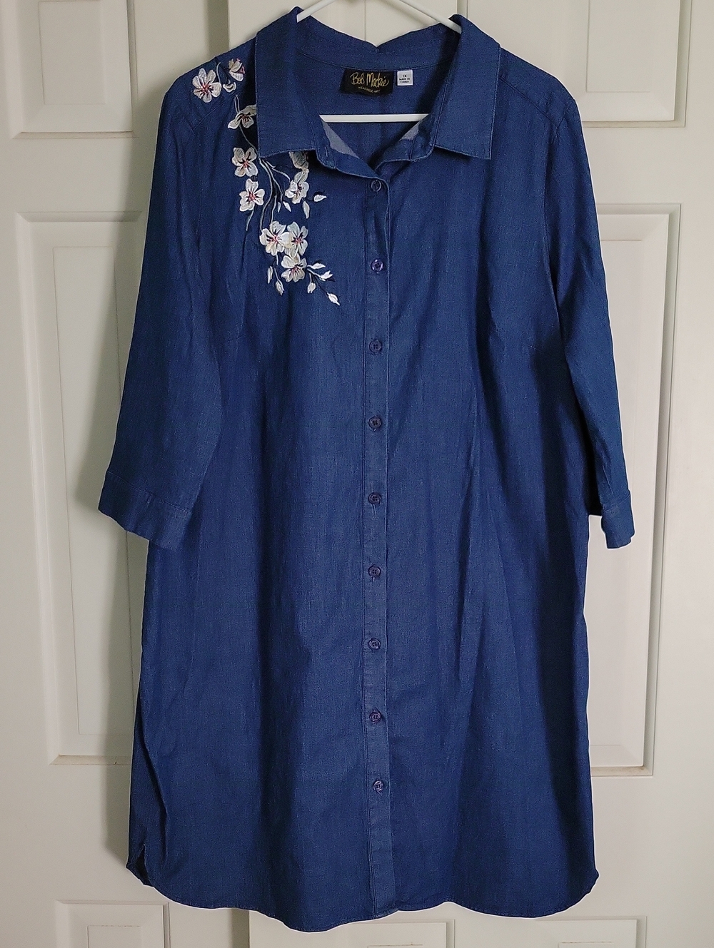 Bob Mackie Navy Lightweight Denim Embroidered Midi Shirt Dress Sz 1x Art To Wear